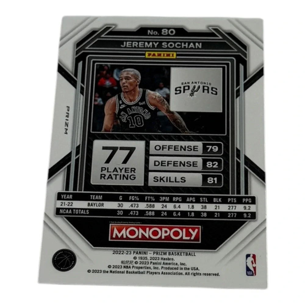 Jeremy Sochan 2022-23 Panini Prizm Monopoly Rookie Card RC #80 San Antonio Spurs